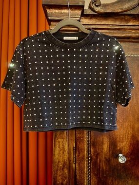 Galita Fashion Black Cropped Tee with Square Rhinestone Accents